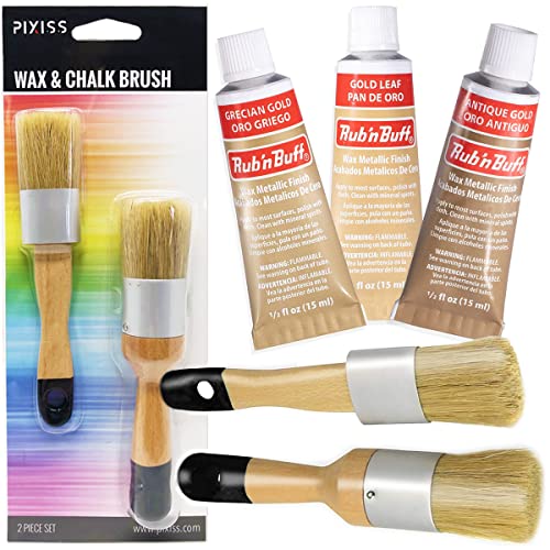 Rub 'n Buff Gold Tones and Pixiss Wax Brushes - Gold Leaf, Grecian Gold, Antique Gold (15ml) - Gilding Wax Paint with Customizable Sheen - Quickly Dries to a Metallic Finish - Boar Hair Bristles - color: Gold Leaf, Grecian Gold, Antique Gold