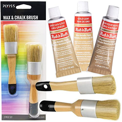 Rub 'n Buff Gold Tones and Pixiss Wax Brushes - Gold Leaf, Grecian Gold, Antique Gold (15ml) - Gilding Wax Paint with Customizable Sheen - Quickly Dries to a Metallic Finish - Boar Hair Bristles - color: Gold Leaf, Grecian Gold, Antique Gold
