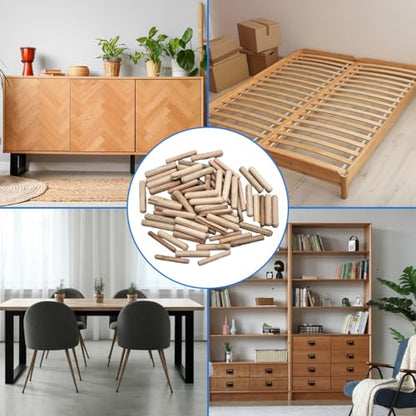 100 Pcs Wooden Dowels Pins Assorted, 2 Sizes, M6 M8 Wood Dowels Pins, 1/4 5/16 Inch Fluted Wood Dowels, Hard Wooden Dowels Grooved Plugs for Crafts, Furniture, DIY, Carpentry, Woodworking (6mm, 8mm)