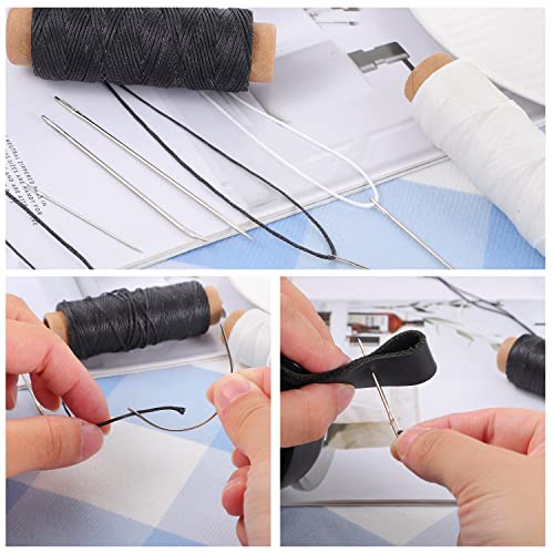 110Yards Waxed Thread with 7 Pcs Leather Needles for Hand Sewing - color: Black+White