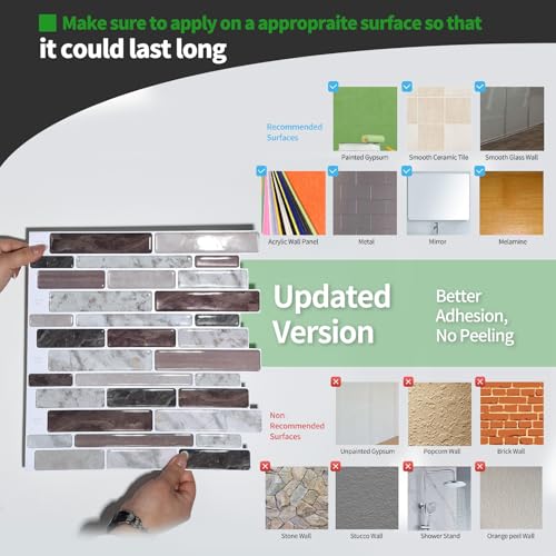 LONGKING Self-Adhesive Kitchen Backsplash, Marble Look Decorative Tiles (10 Tiles) (Multi) - color: Brown