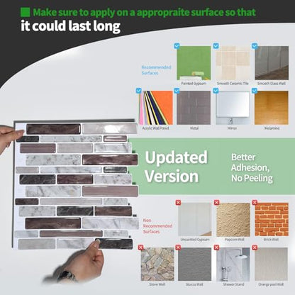 LONGKING Self-Adhesive Kitchen Backsplash, Marble Look Decorative Tiles (10 Tiles) (Multi) - color: Brown