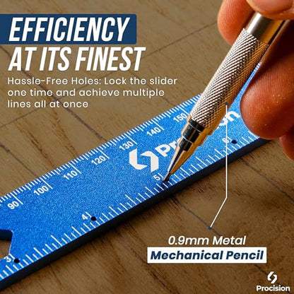 ELEON Procision Woodworking Ruler, Set of 3 (12, 8, 6 Inch) - Precision Woodworking Pocket Tool with Extra Wide 2" Sliding Attachment - Slide T-Square Scribing Kit Plus Mechanical Pencil - Aluminium