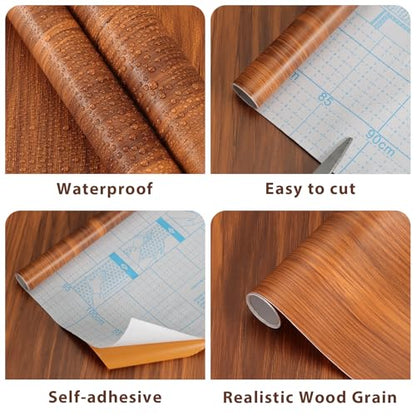 Kitico Brown Wood Grain Peel and Stick Wallpaper, Removable Decorative Contact Paper Roll, Self Adhesive Waterproof Vinyl for Walls, Cabinets, Countertops and Furniture, 17.7" x 196"