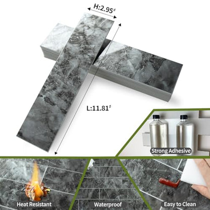 AULIGET 40-Piece Polished Dark Grey Marble Peel and Stick Backsplash Wall Tiles, 3" x 12" PVC Faux Stone Stick on Tiles for Backsplash Kitchen, Bathroom, Laundry Room, Camper, Fireplace - color: Polished Dark Grey Marble, size: 40 Pieces, 3"x12"x0.12"