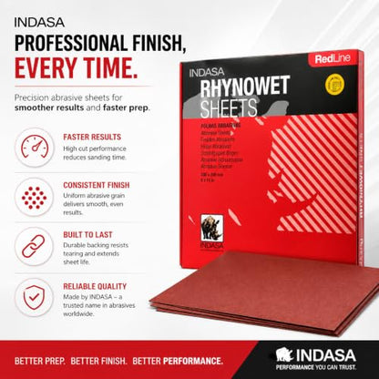 INDASA Rhynowet Red Line Wet Dry Sanding Sheets 9 x 11 Inch 100 Grit Waterproof Latex Backing Abrasive Paper for Wood Metal Automotive Surface Prep Pack of 50 - size: 100-Grit 9"x11"