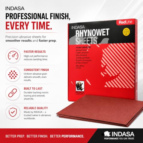 INDASA Rhynowet Red Line Wet Dry Sanding Sheets 9 x 11 Inch 180 Grit Waterproof Latex Backing Abrasive Paper for Wood Metal Automotive Surface Prep Pack of 50 - size: 180-Grit 9"x11"