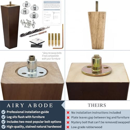Airy Abode Premium Walnut Square Furniture Legs (Full Install Kit) - Pick Your Size and Color - color: Brown, size: 10 Inches