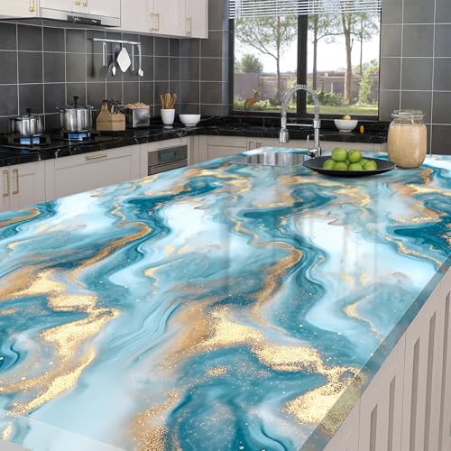 HOMETITUTE Glossy Blue Marble Gold Vein Peel Stick Wallpaper 15.7x39.4 - color: Wallpaper#6