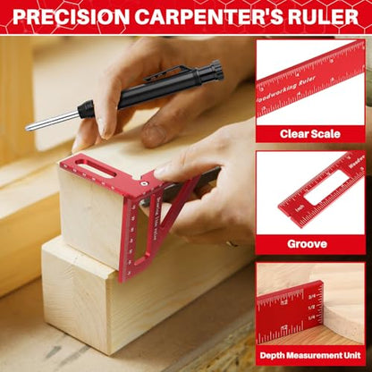 Relaxweex 32 Pack Woodworking Ruler Precision Metal Slide Rule 3D Multi-Angle Measuring Ruler Miter Triangle Rule and Mechanical Carpenter Pencils with Sharpener for Carpenters Craftsmen Builders
