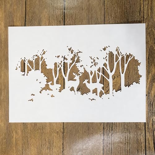 TIAMECH A4 Reusable Rustic Winter Forest Reindeer Stencil for Painting - style: Reusable Rustic Winter Forest