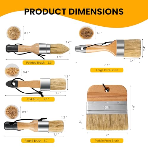 5 Pack Natural Bristle Chalk Wax Brush, Brushes for Furniture - size: 1 Large, 3 Small, Paddle Brush