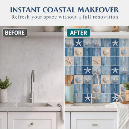 30 Pcs Coastal Peel and Stick Backsplash Tile Stickers 3.94" x 3.94" Self Adhesive Waterproof Vinyl Wall Tiles Stickers for Kitchen Backsplash Bathroom Stair Risers Laundry Room(Classic) - style: Classic