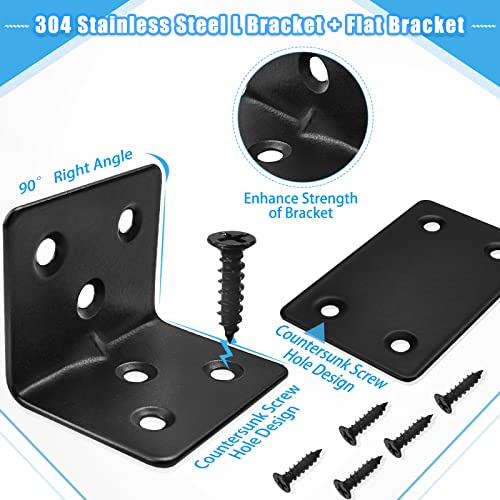14PC Flat Brackets Mending Plates + 14 Black L Brackets + 140 Stainless Steel Screws, Heavy Duty Straight Corner Plates for Shelves - size: 28PCS, style: L + Flat Brackets