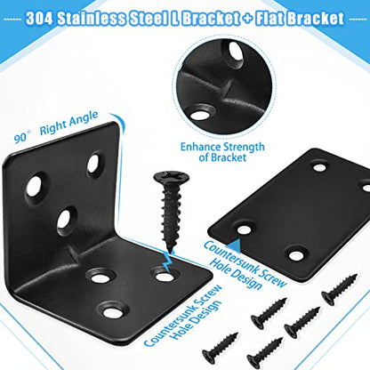 14PC Flat Brackets Mending Plates + 14 Black L Brackets + 140 Stainless Steel Screws, Heavy Duty Straight Corner Plates for Shelves - size: 28PCS, style: L + Flat Brackets