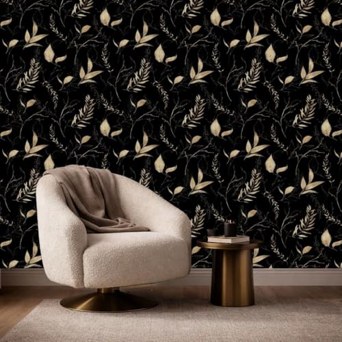 Dark Black and Gold Leaf Peel and Stick Wallpaper 17.7" x 213" - color: Black&Gold, size: 17.7" x 213"
