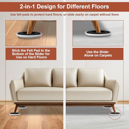 Furniture Sliders for Hardwood Floors - Multi-Surface Moving Sliders - size: 4.3in Round 8+8Pack