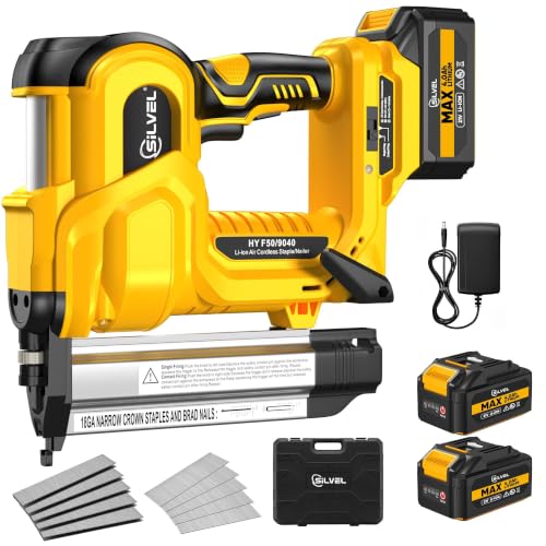 SILVEL 18 Gauge Cordless Brad Nailer, 2 in 1 Cordless Nail Gun/Electric Stapler, 2 * 4.0Ah Battery Powered Nail Gun, Fast Charging for Woodworking,Home Improvement, Yellow - color: Yellow-4