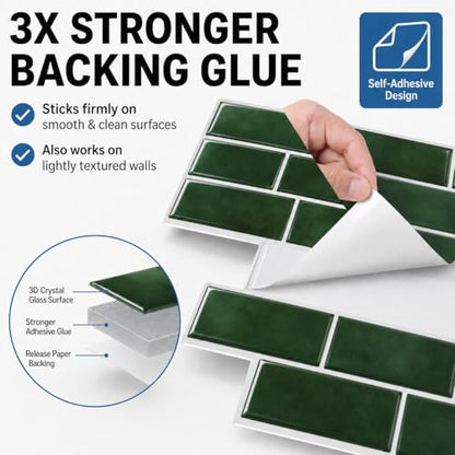 Zimtty Green Peel and Stick Backsplash Tile, 10 Sheets 12 x 12 Inch Self Adhesive 3D Wall Panels, Thick Subway Tile Stick on Wall Panels for Kitchen, Bathroom, RV, Fireplace - color: Green
