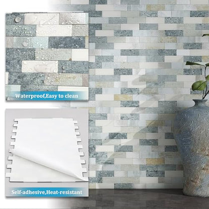 BeNice Peel Stick Backsplash Brick Stone Wall Tile Blue Gray 10pcs