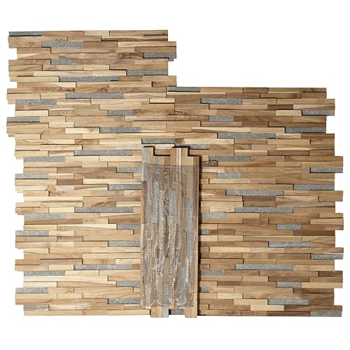 Bare Decor EZ-Wall Mosaic 3D Pattern with Stone Accents Tile in Solid Teak Wood Natural Finish, Set of 10 - size: 10 Sq Ft W/Stone