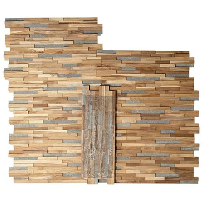 Bare Decor EZ-Wall Mosaic 3D Pattern with Stone Accents Tile in Solid Teak Wood Natural Finish, Set of 10 - size: 10 Sq Ft W/Stone
