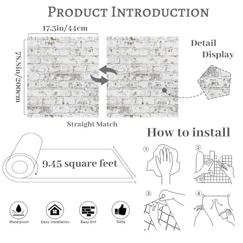 PeonyQueen Brick Wallpaper Peel and Stick 17.3"x78.8" Vintage - size: 17.3" x 78.8"