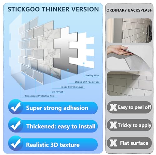 STICKGOO Subway Tile Peel and Stick Backsplash, Thicker Design 12" x 12" Stick on Backsplash Tiles for Kitchen, Bathroom, Wall Tile (10 Sheets, Grey Marble Look) - color: Grey Marble