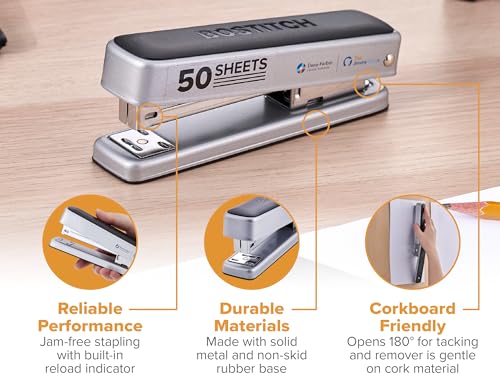 Bostitch Titan Heavy Duty Metal Stapler, 50 Sheet Capacity with 1250 Staples and Ergonomic Staple Remover, Jam Free Stapling, Full Strip Stapler for Desk, Office and Classroom, Silver - color: Silver