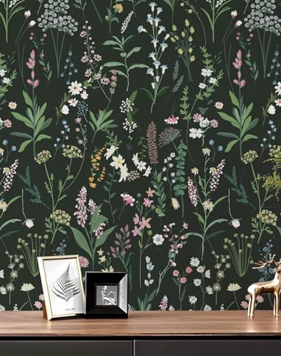 JiffDiff Dark Green Botanical Floral Peel and Stick Wallpaper 17.3" x 1181" - color: Dark Green, size: 17.3" x 1181"