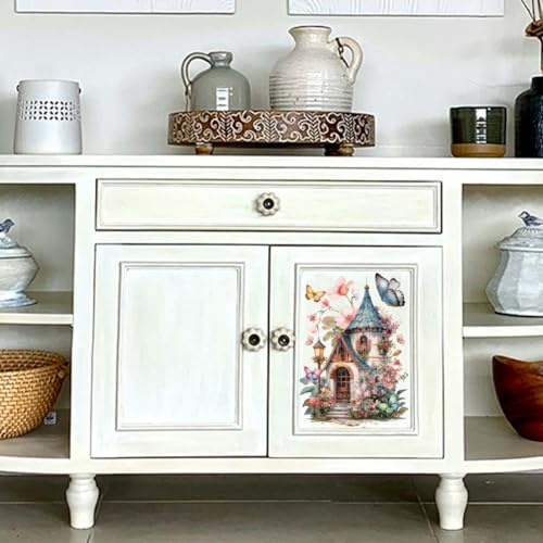 OLYCRAFT 3 Sheets/Set Rub on Transfers for Craft 12x6 Inch PVC Furniture Decals Reusable Waterproof Transfers Self-Stick Floral House Pattern Transfer with Scraper for Dressers Cabinets Window - style: Flower House