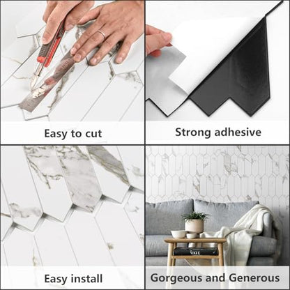 Vamos Tile Glossy White Marble with Gold Veining Backsplash Tile Peel and Stick, 12.8 x 12.8 Inch 10 Sheets Long Hexagon PVC Self Adhesive Mosaic Tiles Stick on Backsplash for Kitchen and Bathroom - color: White Marble with Gold Veining