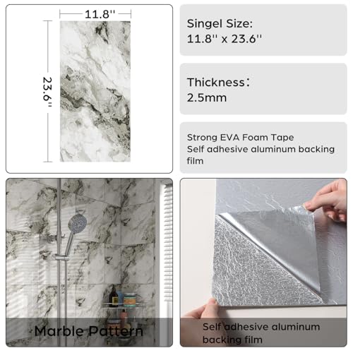 Marble Peel and Stick Backsplash 23.6 x11.8 in, 10PCS - color: Green-White Marble