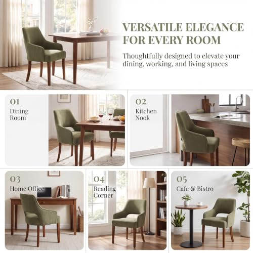 chairus Farmhouse Dining Chairs with Arms Set of 4, Chenille Upholstered Kitchen Chairs, Curved Open Back Dining Room Chairs with Thick Cushion & Walnut Wood Legs, Green - color: Green