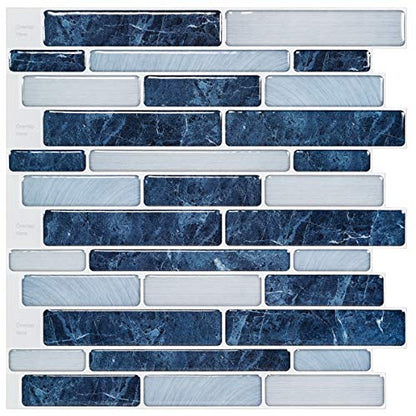 LONGKING Self-Adhesive Kitchen Backsplash, Marble Look Decorative Tiles (10 Tiles) (Dark Blue) - color: Dark Blue