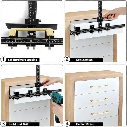 Cabinet Hardware Jig, Adjustable Drilling Guide, Drawer Handle Hole Drilling Template with Automatic Center Punch, Aluminum Alloy Drill Guide for Cabinet Pulls Knobs Woodworking