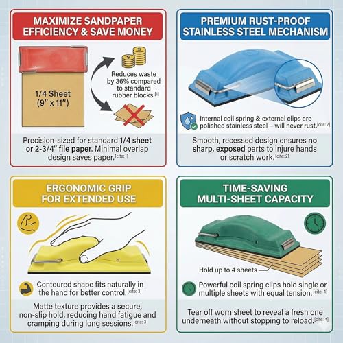 Sanding Block Preppin’ Weapon | Hand Sander Great For Big Hands Or Sore Joints | Reuse Sandpaper Over And Over | Wet Or Dry Sand Wood Or Autobody Much Faster | Green