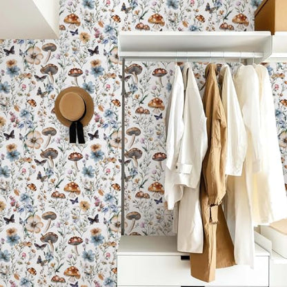 Froluya Mushroom Wallpaper Peel and Stick Boho Contact Paper 16.9" x 118.1" - color: White, size: 16.9" x 118.1"