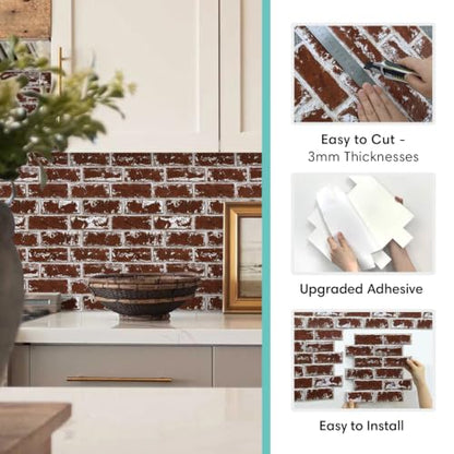 Commomy 3D Wall Panels Peel and Stick Faux Brick 10 Pcs 11.8" x 11.8" - color: Brick-tlC