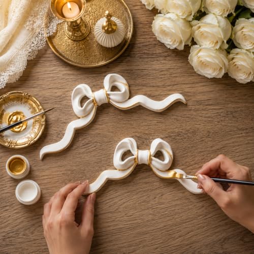 Roowest 2 Pcs Large Bow Appliques Onlays White PVC Appliques for Furniture Decorative 3D Roses Carved Onlay DIY Decorative for Cabinet Dresser Bed Door Wall Wardrobe Ceiling - style: Long Bow