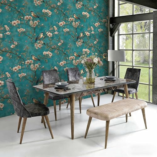 Bird Floral Peel and Stick Wallpaper, Teal Chinoiserie Botanical Wallpaper - color: ML-M091, size: 17.7" x 118"