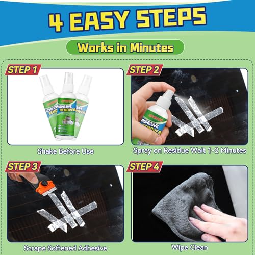 Adhesive Remover Spray Kit, 4 fl oz Sticker Remover for Labels, Glue, Residue, Tape, Decals, Fast Acting Glue Remover Includes Scraper and 10 Extra Plastic Razor Blades for Home, Car, Glass, Metal