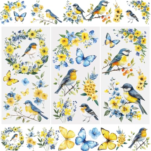 WANDIC 3 Sheets Rub On Transfer Stickers, Yellow Flower Bird Waterproof Decals Furniture Craft Decorative for DIY Scrapbooking Photo Albums,15 * 30cm - color: Yellow Flower Bird