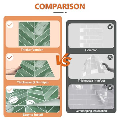 10-Sheet Herringbone Peel and Stick Backsplash Tiles for Kitchen, 3D Marble Look Self Adhesive Stick on Back Splashes Wall Tiles for Bathroom 11.5"x9" Light Green - color: Light Green