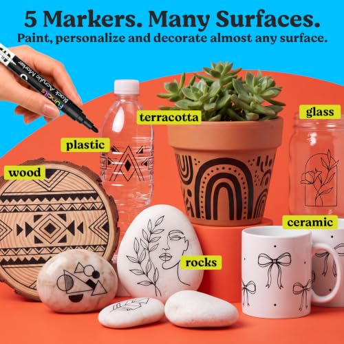 5 Black Acrylic Paint Marker Pens for Rock Painting, Wood, Glass - color: Black