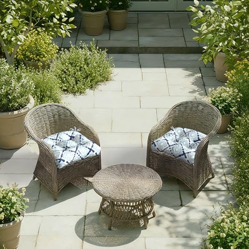 DYTXIII Set of 2 Outdoor Chair Cushions 19"x19"x4", Water Repellent Tufted Patio Seat Cushions with Ties, Thick Replacement Pads for Wicker Dining Chairs, Patio Furniture, Boho Geometry Blue - color: Boho Geometry Blue