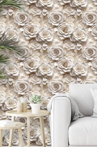 Peel and Stick Wallpaper Beige Rose Floral Accent - color: Cream&Light Brown, size: 17.7" x 118"