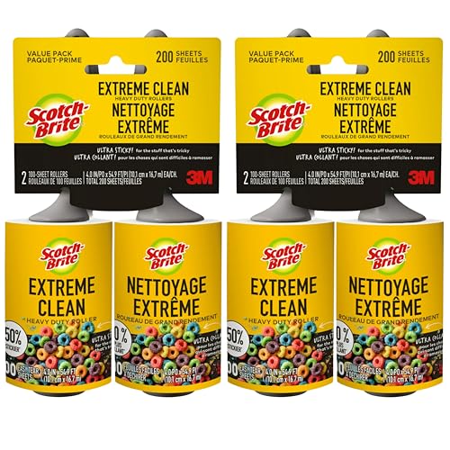 Scotch-Brite Extreme Clean Lint Roller, 50% Stickier, Heavy Duty Pet Hair and Debris Remover, 4 in x 54.9 ft Each, 4 Pack, 400 Easy Tear Sheets Total - size: 4 Rollers (400 Sheets)