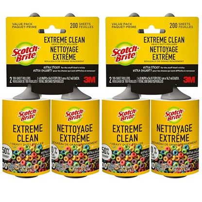 Scotch-Brite Extreme Clean Lint Roller, 50% Stickier, Heavy Duty Pet Hair and Debris Remover, 4 in x 54.9 ft Each, 4 Pack, 400 Easy Tear Sheets Total - size: 4 Rollers (400 Sheets)
