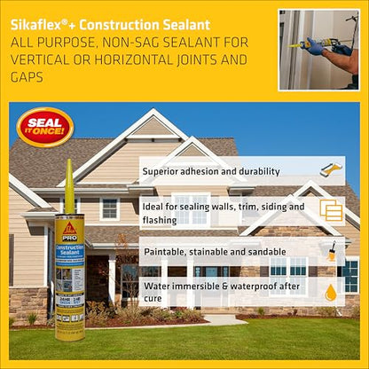 SIKA Sikaflex Construction Sealant, Tan 10.1 fl. oz, Polyurethane for Vertical & Overhead Joints, Ideal for Windows & Doors, Paintable & Stainable - color: Tan